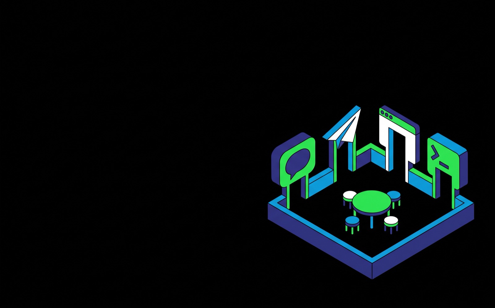 Flat isometric illustration: four doorways shaped like a speech bubble, a paper plane, a browser window and a terminal, all opening onto one shared room with a round table.