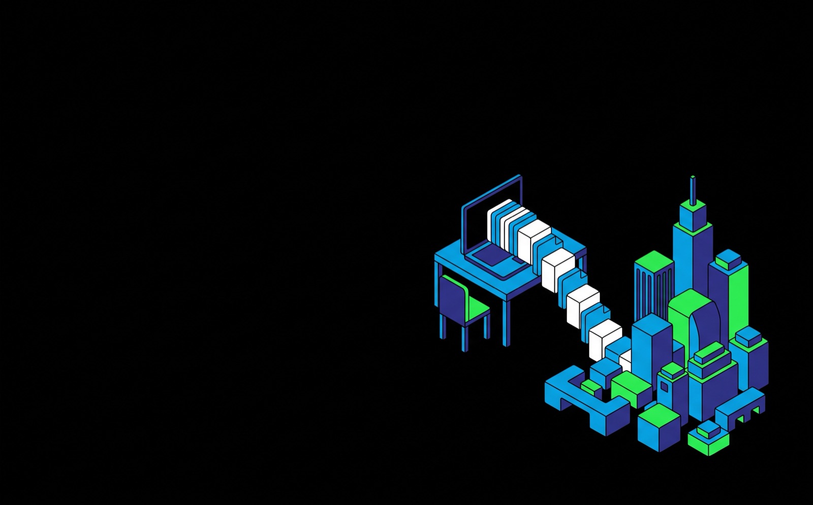 Flat isometric illustration: a laptop on a desk whose screen spills a stack of document cubes that grow into a small block city.