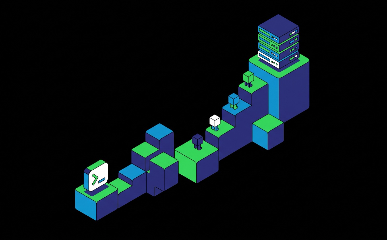 Flat isometric illustration: a staircase of cubes rising from a terminal prompt block to a small server rack.
