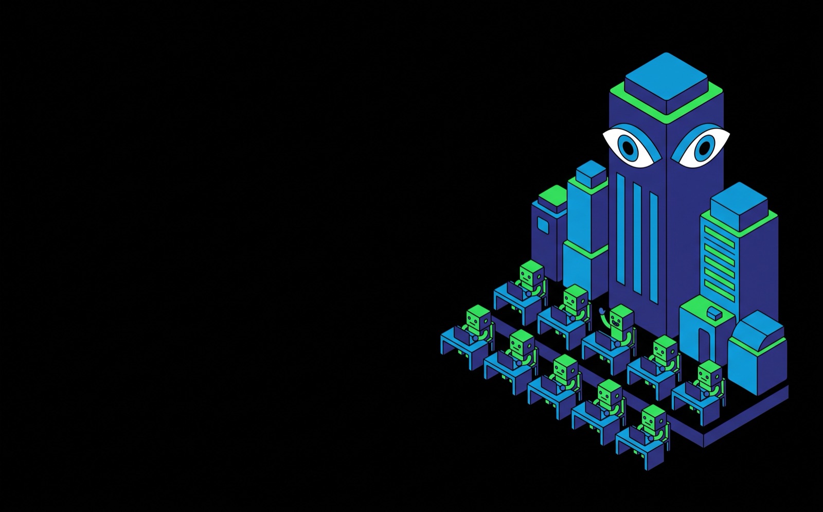 Flat isometric illustration: a tall building with watchful eyes overlooking rows of small cube robots typing at desks, one raising a hand.