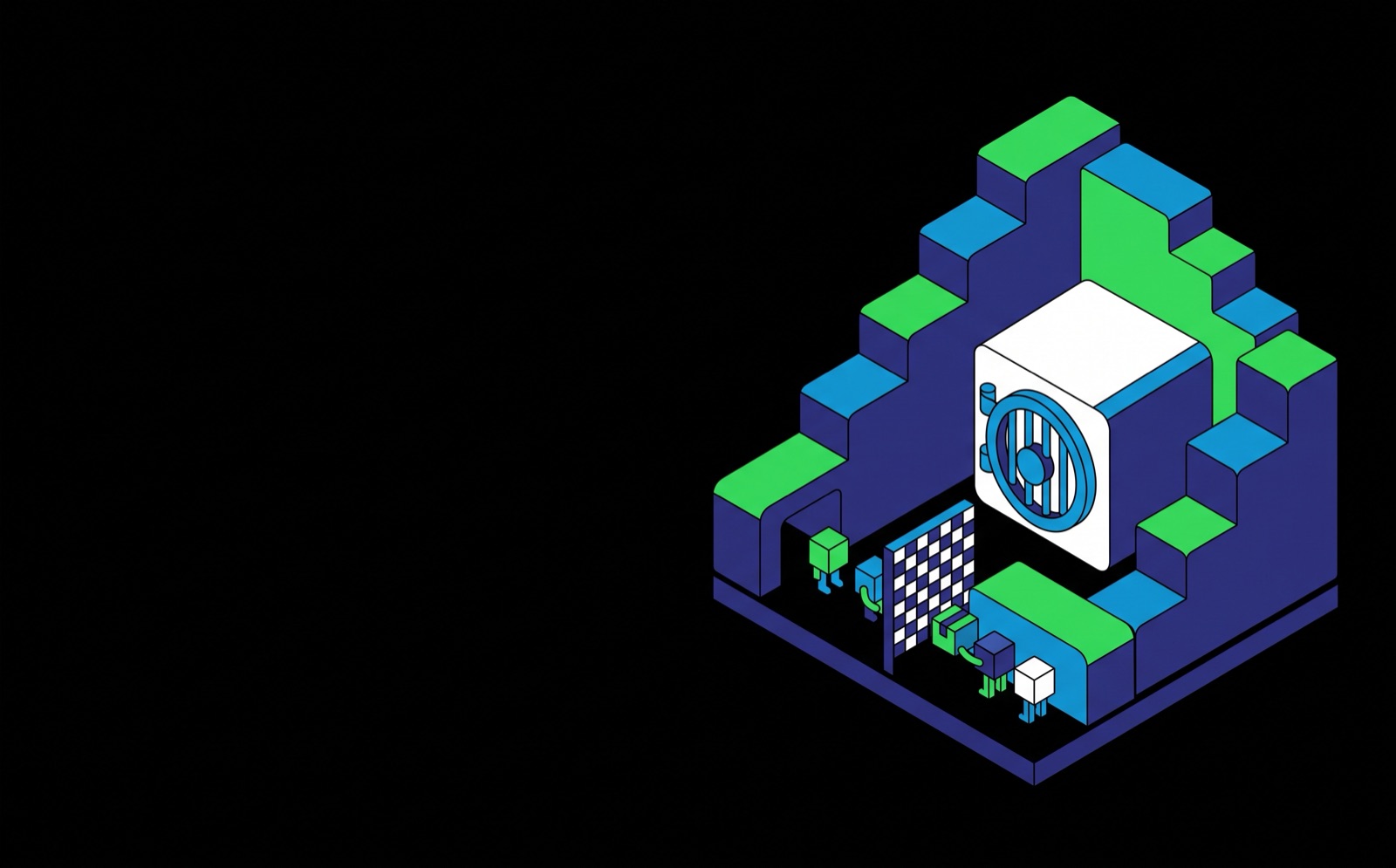 Flat isometric illustration: a vault cube with a round barred door inside a stepped wall, small cube figures passing parcels through one checked gate.