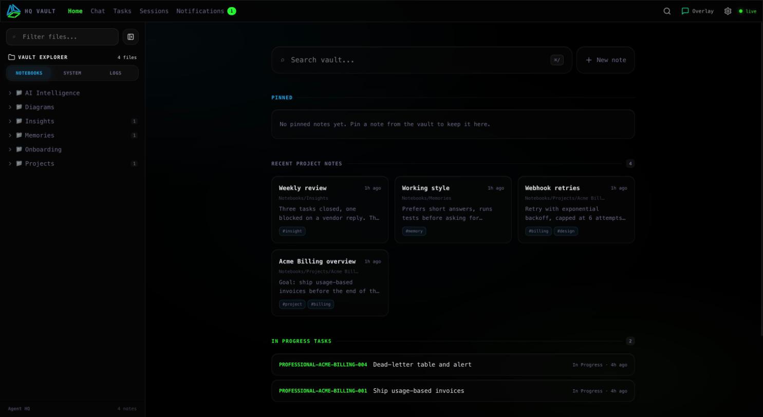The HQ home screen: a vault search box, recent project notes as cards with tags, and a list of in-progress tasks.