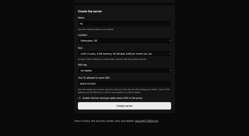 A recording of the Hetzner deploy form: paste a project token, fill in a name, location, size, SSH key and your IP, create the server, then read the next steps and close public SSH.
