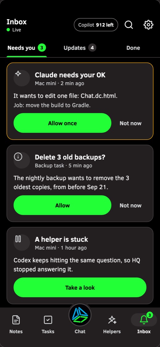 Phone screen: the Inbox, where a coding agent asks to edit one file and HQ offers Allow once or Not now.
