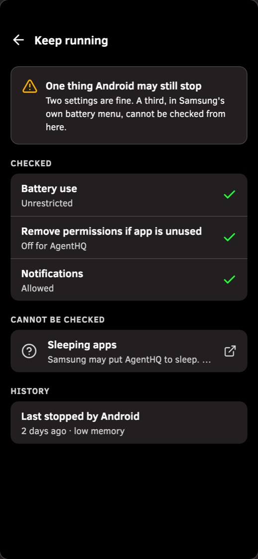 Phone screen: Keep running, which checks the Android battery and permission settings that let HQ stay on.