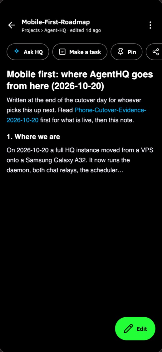 Phone screen: a note from the vault open for reading, with Ask HQ, Make a task and Pin actions.