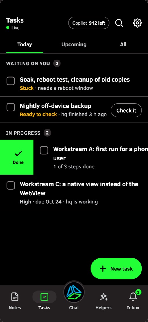 Phone screen: the Today tab of Tasks, with tasks waiting on you, one ready to check, and work in progress.