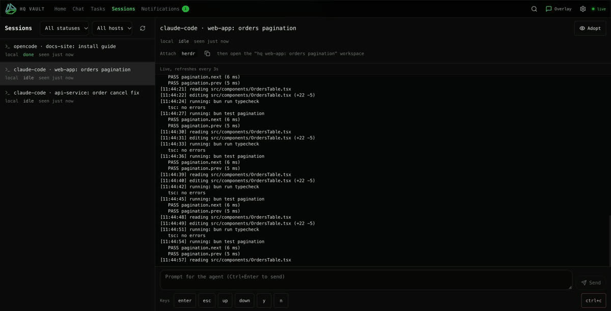 A short recording of the Sessions page: the terminal output of one session keeps growing as new lines arrive, then switches to a second session.