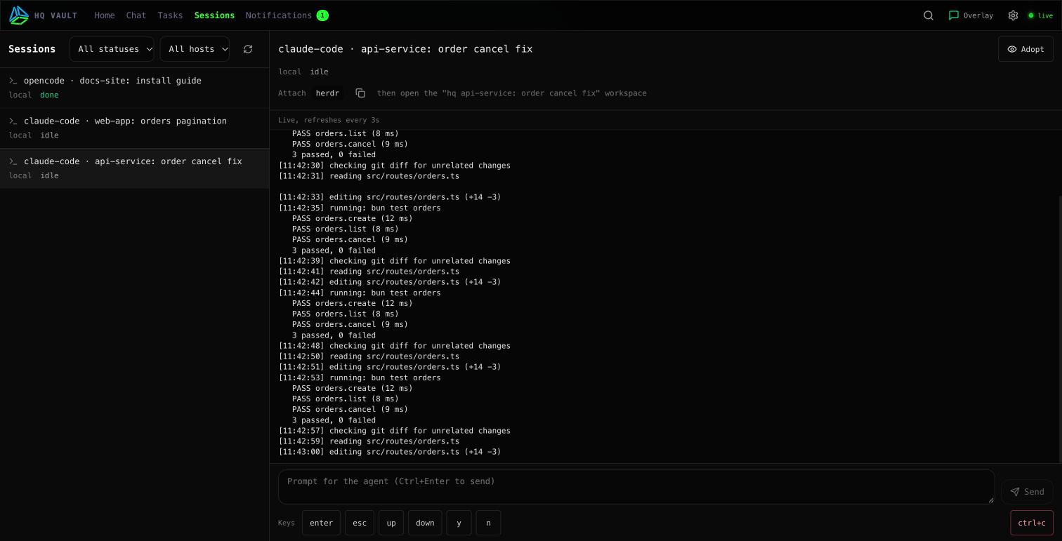 The HQ Sessions page: a list of three supervised sessions (opencode, and two claude-code) with host and status, and the selected session's terminal output below its header.