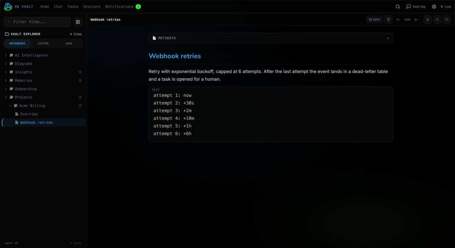 The vault explorer listing notebook folders beside a markdown note about webhook retries with a text code block.